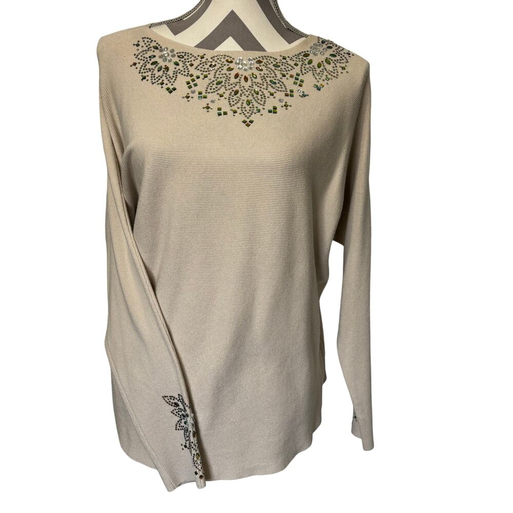 LIV MILANO Winter White Embellished Sweater M Yummy Knit Rhinestone Neckline